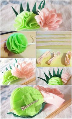 the process of making felt flowers with green and pink colors