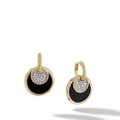 18-karat Yellow Gold Black Onyx and Mother of Pearl backed with White Agate Pave Diamonds = 0.24 total carat weight Earring, 21.5mm Discs on hoop have fluid movement. Each Element is removeable. These convertible earrings can be worn in many different ways, including as a simple cable hoop Convertible Earrings, White Agate, High Jewelry, David Yurman, Jewelry Pouch, Pave Diamonds, Black Onyx, Pearl Jewelry, Mother Of Pearl