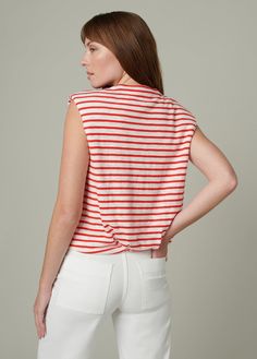 This sleeveless tee is the perfect throw-on for warmer weather. With pronounced shoulder structure, a bubble hem and striped design, the Arden Slub Sleeveless Tee is a contemporary essential.75% COTTON, 25% POLYESTERModel is wearing size S Casual White Tank Top With Contrast Stripes, Cotton Tops With Striped Hem For Day Out, Chic Spring Top With Striped Hem, White Striped Hem Tops For Spring, White Tops With Striped Hem For Spring, Chic Striped Hem Top For Spring, Trendy Summer Top With Striped Hem, Summer Striped Hem Tops For Day Out, Summer Tops With Striped Hem For Day Out