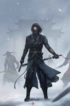 an image of a man with two swords in his hands, standing on snow covered ground