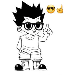 a drawing of a boy with glasses giving the thumbs up sign and an emoticive smiley face behind him