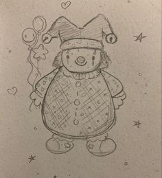 a drawing of a teddy bear wearing a hat and scarf with balloons in the background