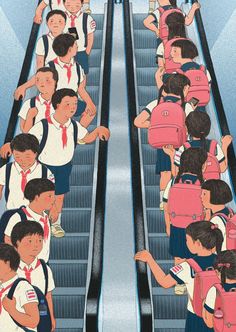 an escalator filled with school children wearing backpacks