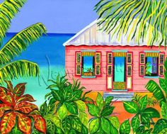 a painting of a pink house on the beach with palm trees and water in the background