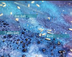 an image of sea salt, table salt and rice on a blue background with words above it