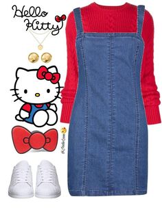 a hello kitty outfit is shown with white shoes and a red sweater, blue overall dress