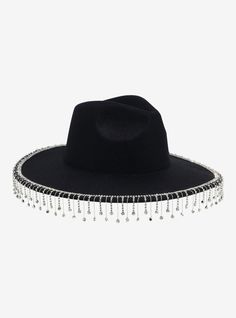 Add some sparkle to your hat game with this black  wide-brim style sporting a dramatic clear rhinestone fringe.PolyesterImported Black Brimmed Hat With Rhinestones, Black Wide Brim Hat With Rhinestones, Evening Wide Brim Hat With Rhinestones, Wide Brim Hat With Rhinestones, Party Hat With Rhinestones And Flat Brim, Hat With Tassels, Hat Chain, Living Statue, Rhinestone Fringe