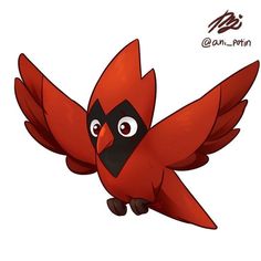 a red bird flying through the air with it's wings spread out and eyes wide open