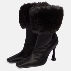 Elevate your winter style with these Black Satin Booties featuring a chic square toe, flared heel, and luxurious faux fur lining. Perfect blend of elegance and warmth for the season. Color: Black Material: Satin Heel Type: Flared heel Heel height: 4" / 100 mm approx Product measurements were taken using size 8. Please note that measurements may vary by size. Toe: Square toe Zipper design makes it easier to wear on Faux fur accents design Handcrafted US sizing. Fits true to size. Fur Winter Boots, Cowboy Shoes, Festival Shoes, Dance Heels, Magda Butrym, Womens Chunky Heels, Womens Stilettos, Suede Boots Knee High, Satin Heels