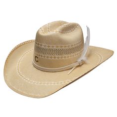 Introducing the 20X Hello Sunshine, the pinnacle of cowgirl couture. With a beautiful Ivory and wheat color this 20X shantung hat is paired with a woven rope hatband and charmed with a metal pin and white feather making it an essential addition to any cowgirl. Brim: 4 1/4" Crown: 4 5/8" Color: Natural/Wheat Material: Shantung Straw Leather Sweatband White Country Hat In Toquilla Straw, White Toquilla Straw Hat For Country Events, White Country Style Hat In Toquilla Straw, White Country Style Toquilla Straw Hat, Western White Panama Hat For Kentucky Derby, White Western Straw Hat With Short Brim, White Western Toquilla Straw Hat, White Western Style Straw Hat With Short Brim, White Toquilla Straw Hat For Western-themed Events