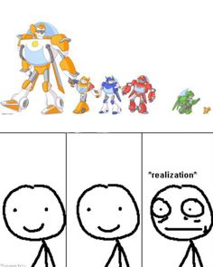 an image of cartoon characters with different expressions on the same page, and one is saying that