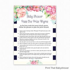 a baby shower poem with pink flowers on the front and blue stripes in the back