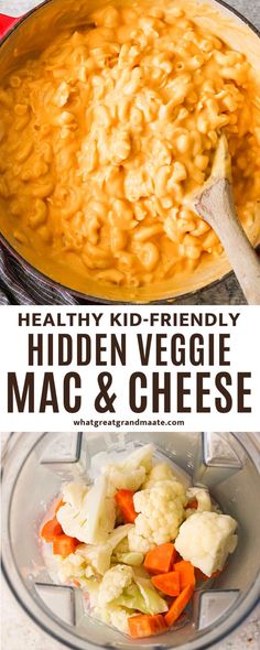 the ingredients for macaroni and cheese are shown in this collage with text that reads healthy kid - friendly hidden veggie mac & cheese