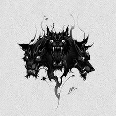 a black and white drawing of two demon heads