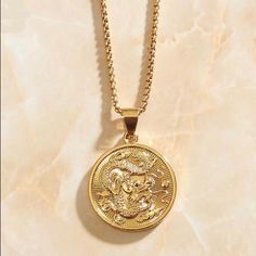 Beautiful 50cm Chain. 18k Gold Plated. Gorgeous Dragon Pendant. Never Used. Dragon Medallion, Enter The Dragon, Family Tree Necklace, Golden Necklace, Coin Pendant Necklace, Dragon Necklace, Charm Necklace Silver, Circle Pendant Necklace, Silver Jewels