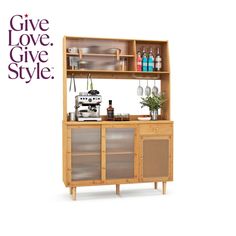 a wooden cabinet with glass doors and shelves on the front, next to an advertisement for give love style