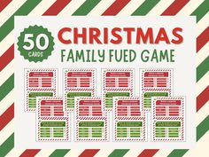 50 christmas family game cards with red and green stripes