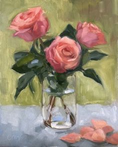 a painting of pink roses in a glass vase