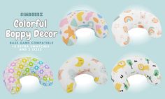 four inflatable pillows with different designs on them and the words, poppy infant prop base game compatible