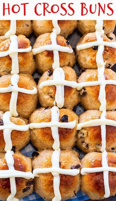 hot cross buns on a blue and white checkered cloth with text overlay