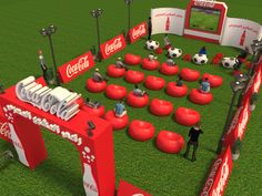 a 3d rendering of a soccer field with coca - cola's tables and chairs