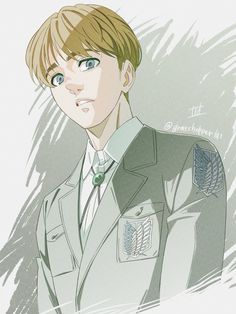 an anime character with blonde hair and blue eyes wearing a uniform, standing in front of a white background