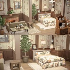 three different views of a bedroom and living room in an animated style, with furniture