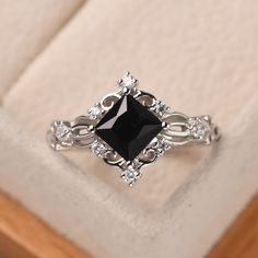 Black Wedding Rings For Women Diamond, Dainty Black Wedding Ring, Silver And Black Wedding Ring, Black Silver Ring, Black Diamond Engagement Ring Silver, Elegant Square-cut Sapphire Ring In Sterling Silver, Elegant Sapphire Square Cut Promise Ring, Elegant Square Cut Sapphire Promise Ring, Elegant Black Spinel Diamond Ring As Gift