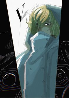 an anime character with blonde hair wearing a blue coat and looking at the camera while standing in front of a large clock