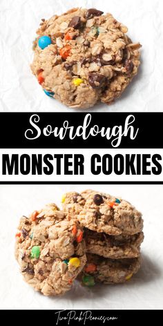 text that says Sourdough Monster Cookies above and below are photos of Sourdough Monster Cookies Sourdough Sprinkle Cookies, Sourdough Discard Cookie Bars, Quick Active Sourdough Recipes, Sourdough Monster Cookies, Simple Sourdough Recipes, Sourdough Inclusion Ideas, Sourdough Beginner, Sourdough Pastries, Sourdough Kit