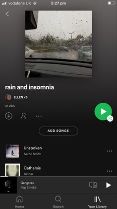 an image of rain and insomnia on the dashboard of a car with audio player