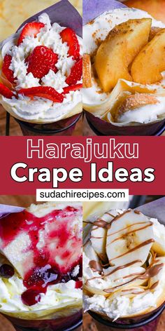 Four authentic Harajuku street crepes showcasing popular fillings: fresh strawberries, caramelized peaches, mixed berry sauce, and banana chocolate drizzle in purple wrappers Japan Culture, Japanese Dishes, Instagram Worthy, Harajuku Fashion, Aesthetic Photography, Japanese Food, Street Food