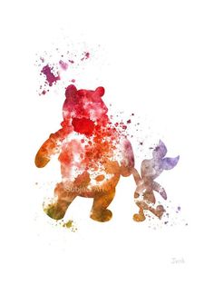 winnie the pooh watercolor art print with color splashs on white paper and black background