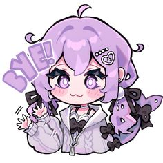 an anime character with purple hair and black eyes, holding a small fish in her hand