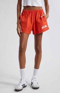 Kick it all weekend in these sporty cotton shorts that sport the brand's signature. 2 1/2" inseam; 27" leg opening; 12" front rise; 14 1/2" back rise (size Medium) Elastic waist Front scoop pockets; back patch pocket 100% cotton Machine wash, tumble dry Made in the USA Asian & Pacific Islander Owned/Founded Red Cotton Athletic Shorts For Sports, Red Cotton Sporty Athletic Shorts, Sporty Red Cotton Athletic Shorts, Red Cotton Athleisure Activewear, Sporty Red Cotton Activewear, Collegiate Cotton Athletic Shorts For Sports, Sporty Cotton Activewear With Short Inseam, Red Athleisure Shorts For Loungewear, Sporty Cotton Athletic Shorts For Spring