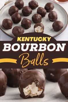 chocolate covered doughnuts on a plate with the words kentucky bourbon balls above them