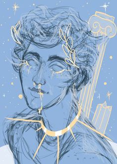 an artistic drawing of a woman's face with gold lines and stars around her neck