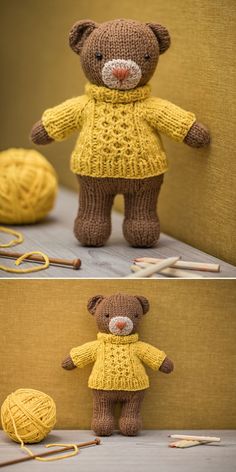 there is a teddy bear that has been knitted and crocheted with yarn