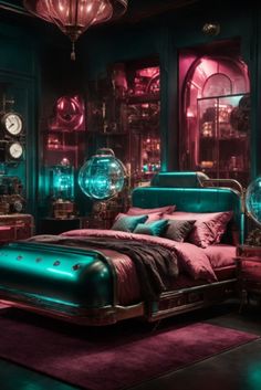 a bedroom with green and pink lighting in it