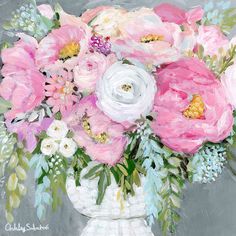 a painting of pink and white flowers in a vase on a gray background with greenery