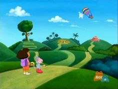 a cartoon scene with two children flying kites in the sky over a green field