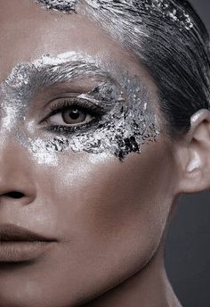 Robot Makeup, Ice Makeup, Futuristic Makeup, Metallic Makeup, Silver Makeup, Coloured Contact Lenses, Glowing Face, Winter Makeup, Fantasy Makeup