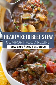 hearty keto beef stew in a white bowl with a ladle full of it