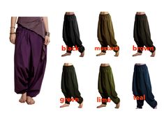 These beautiful aladdin harem COTTON trousers are really comfortable and stylish. Perfect for yoga, dancing, travelling, festivals... They look really quirky and go well with everything. █ ONE SIZE - THEY FIT UP TO UK 16 (USA 12) - DRAWSTRING WAIST █ MEASUREMENTS:  - they fit WAISTS up to cm 110 / inches 43.5 - HIPS: cm 150 / inches 59  - LENGTH from hip down: cm 100 / inches 39.5 █ UNISEX  █ elasticated ankle █ spacious front pockets  █ ASSORTED COLOURS █ thanks to the DROP CROTCH CUT they fit Loose Fit Harem Pants For Yoga And Festivals, Traditional Harem Pants For Yoga, Baggy Harem Pants For Meditation, Festival Harem Pants With Loosely Fitted Hips, Bollywood Style Harem Pants For Festivals, Harem Yoga Pants, Flamenco Skirt, Harem Pants Men, Yoga Trousers