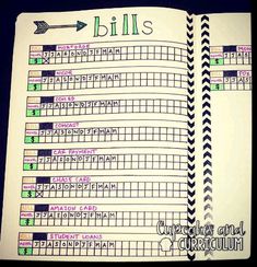 an open notebook with bills written on the pages and arrows pointing in different directions to each other