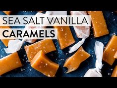 sea salt vanilla caramels on a cutting board with text overlay that reads, sea salt vanilla caramels