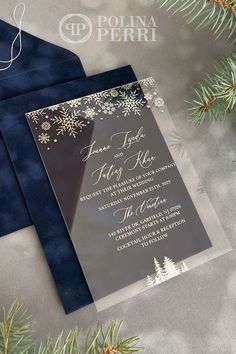 Acrylic wedding invitations silver foil stamped with winter wonderland design. Navy blue velvet envelopes enclosed. Winter Wonderland Wedding Invitations, Wonderland Wedding Invitations, Winter Wonderland Wedding, Wonderland Wedding