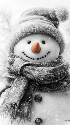 a black and white photo of a snowman