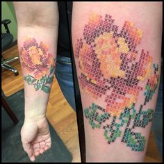 two different tattoos with flowers on each arm and one is made out of colored beads