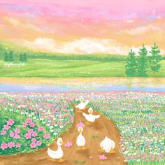 a painting of ducks crossing a dirt road in a flowery field with trees and flowers